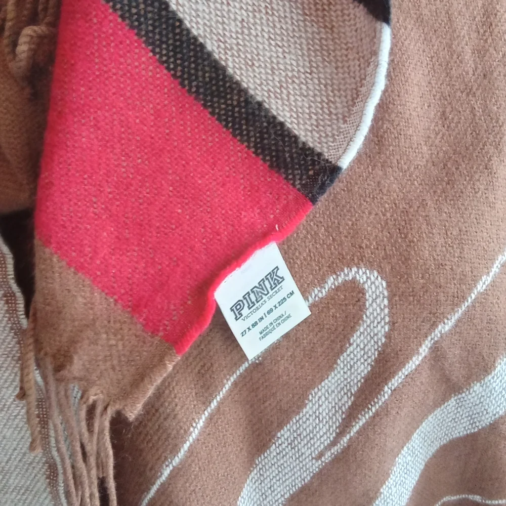 Victoria's Secret Pink Oversized Blanket Scarf Wrap Tan White Pink Stripe Fringe